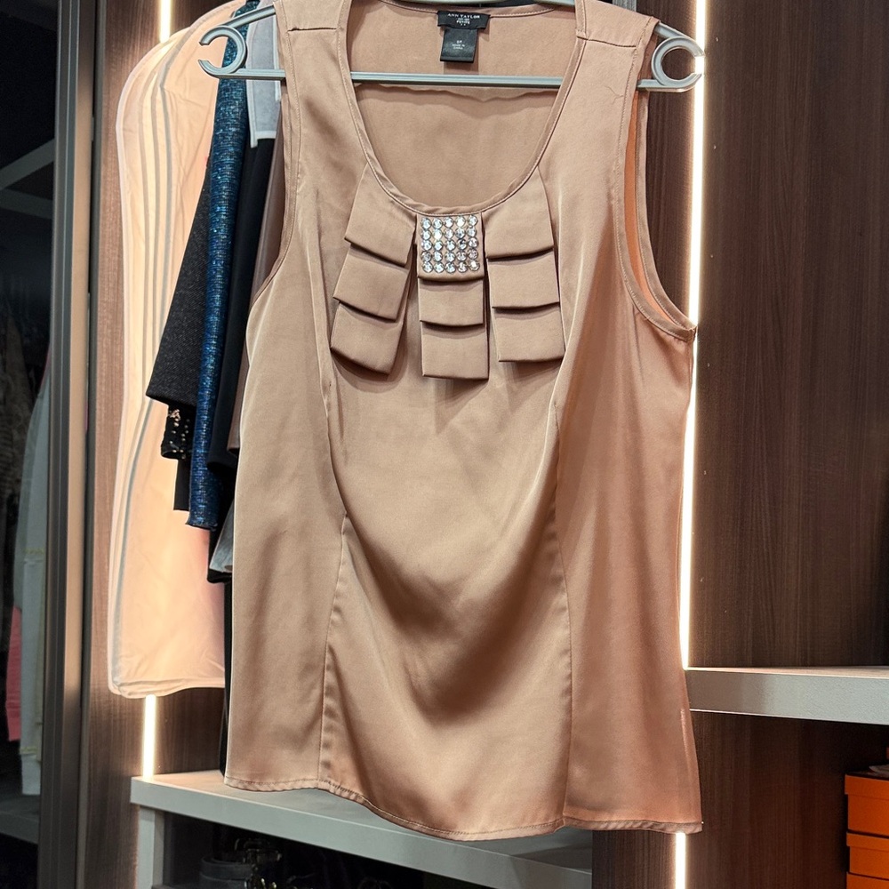 Ann Taylor Beige Sleeveless Top with Decorative Front